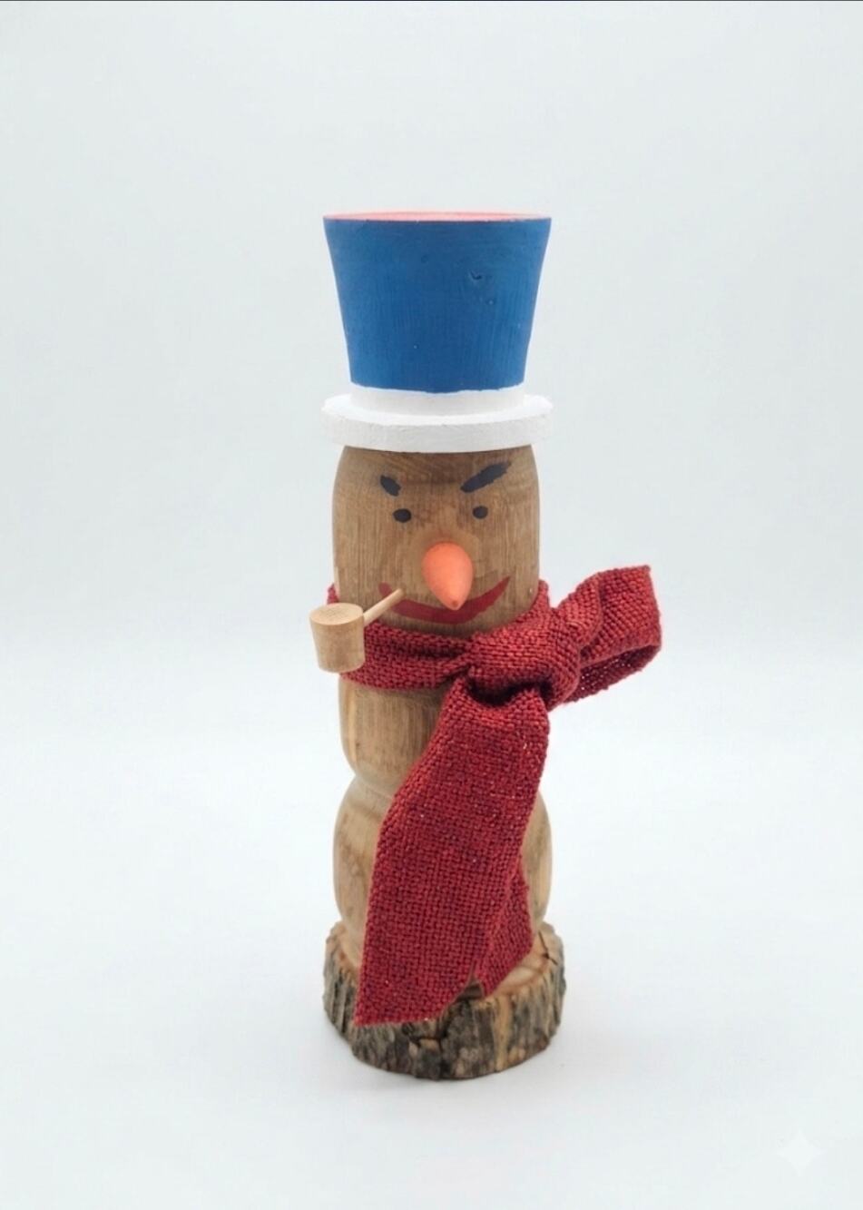 Hand-Turned Wooden Snowman Figurine with Burlap Scarf Rustic Holiday Folk Art